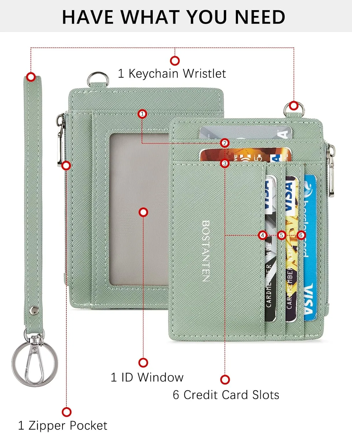 BOSTANTEN Small Wallet For Women RFID Leather Credit Card Holder Slim Wristlet Keychain Wallet With Zipper Pocket Light Green