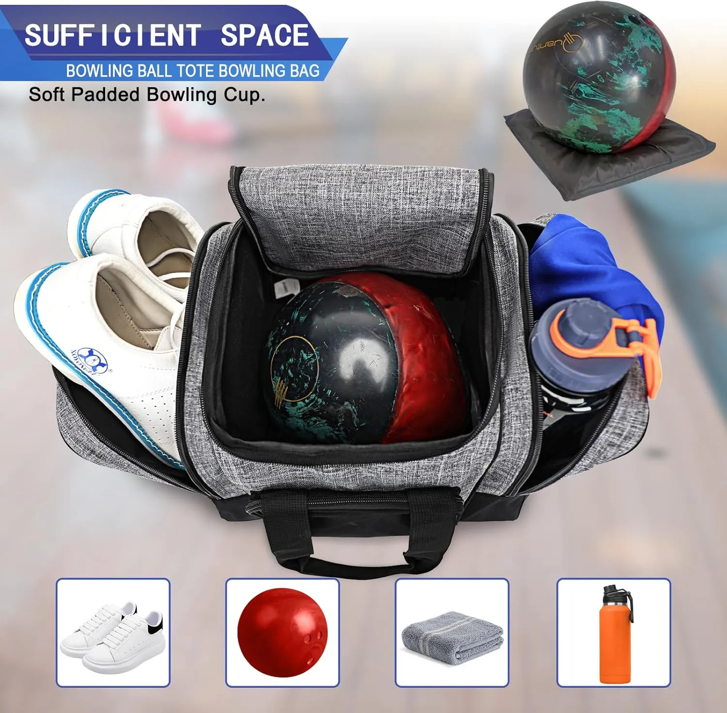 Bowling Ball Bag for Single Ball, 2022 Bowling Ball Tote Bowling bag with Padded Holder - Fits Shoes up to Mens Size 14 and Bowling Accessories