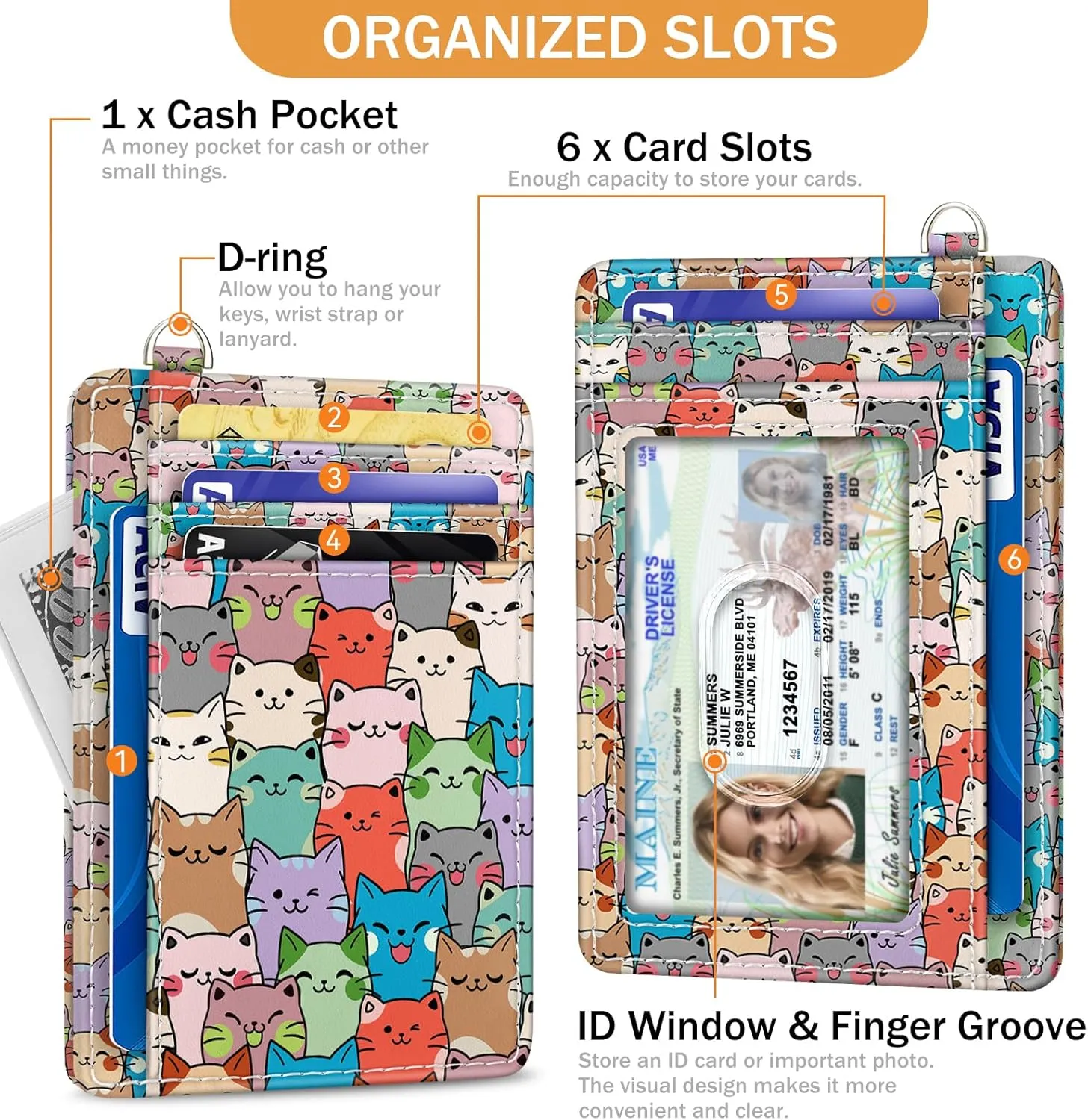Cat Credit Card Holder Slim Wallet, RFID Wallet Women Front Pocket Small Card Holder, Travel Cute Funny Thin ID Window PU Leather RFID Blocking Case Organizer Gift Girls Ladies
