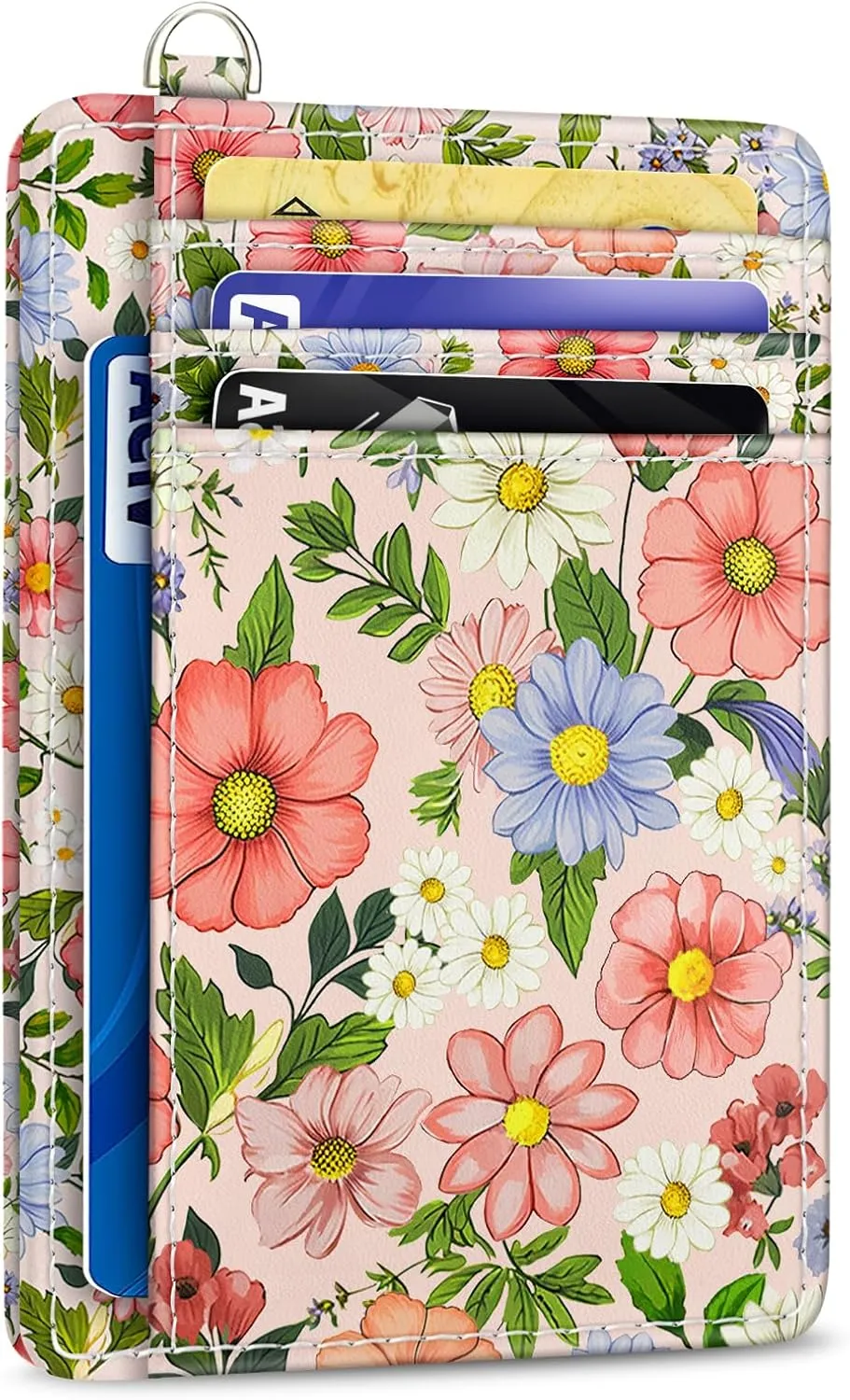 Credit Card Holder Slim Wallet, Floral RFID Wallet Women Front Pocket Small Card Holder, Travel Cute Thin with ID Window PU Leather RFID Blocking Case Organizer Gift Girls Ladies
