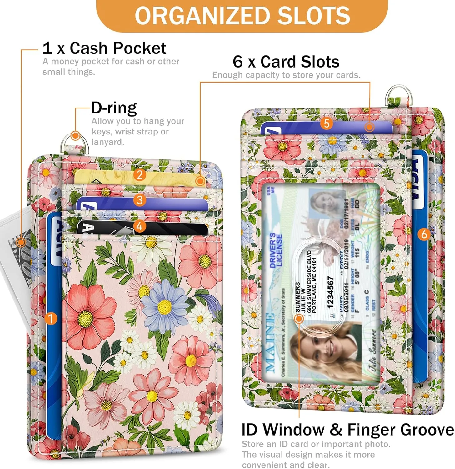 Credit Card Holder Slim Wallet, Floral RFID Wallet Women Front Pocket Small Card Holder, Travel Cute Thin with ID Window PU Leather RFID Blocking Case Organizer Gift Girls Ladies