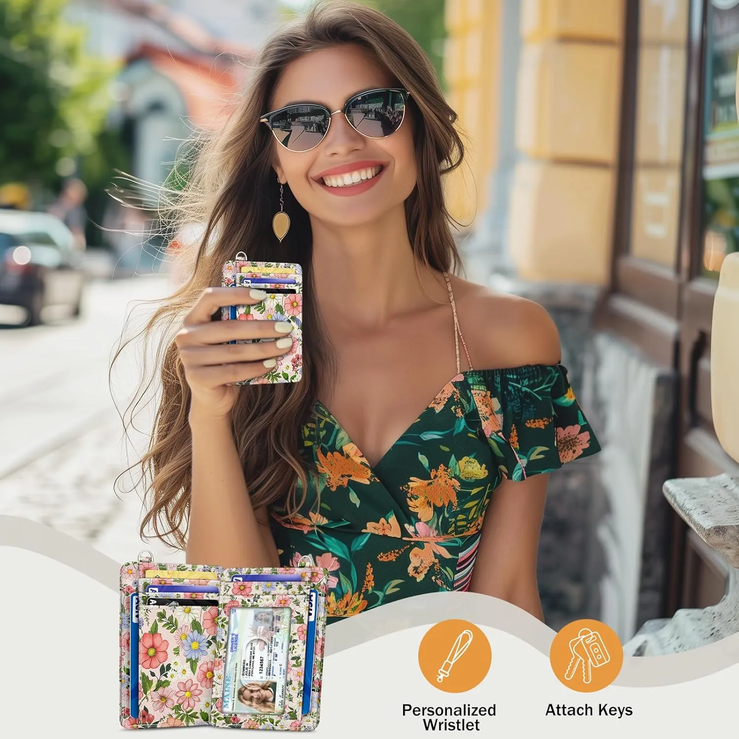Credit Card Holder Slim Wallet, Floral RFID Wallet Women Front Pocket Small Card Holder, Travel Cute Thin with ID Window PU Leather RFID Blocking Case Organizer Gift Girls Ladies