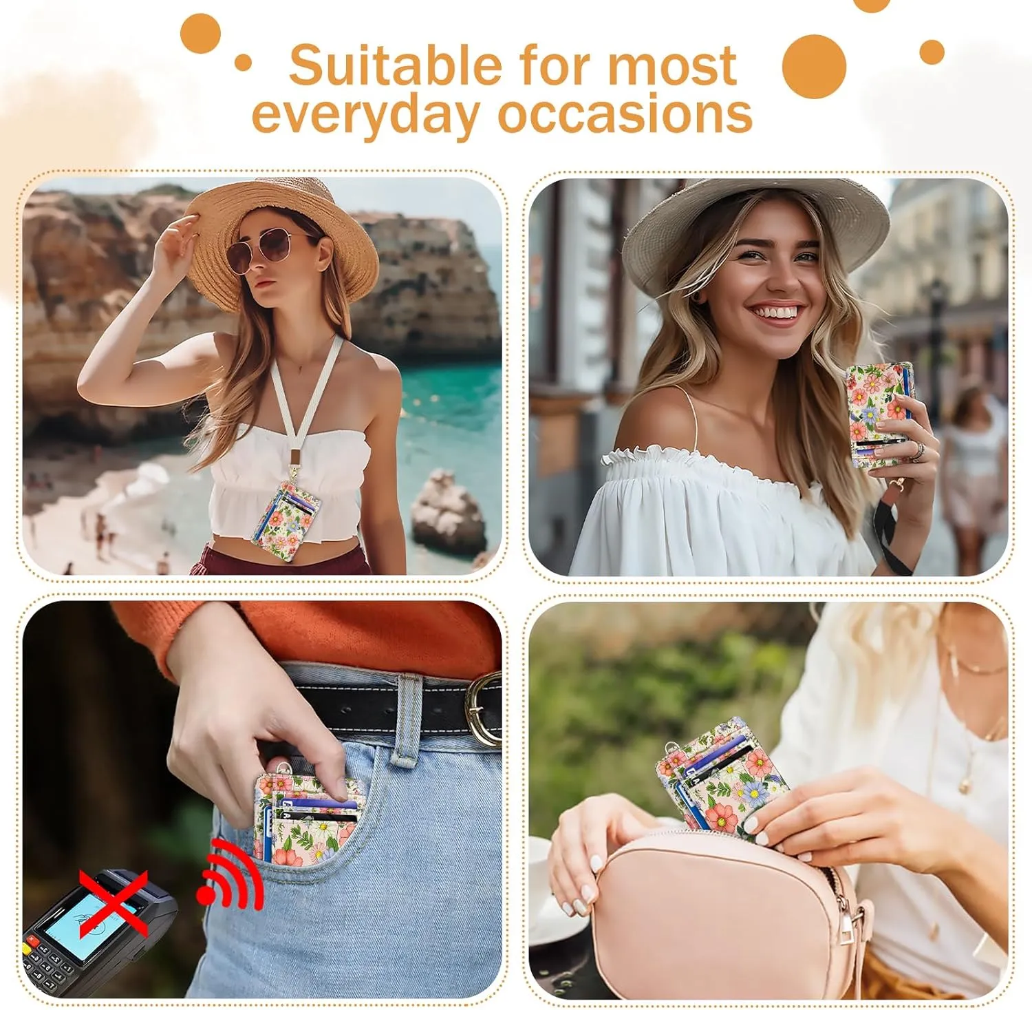 Credit Card Holder Slim Wallet, Floral RFID Wallet Women Front Pocket Small Card Holder, Travel Cute Thin with ID Window PU Leather RFID Blocking Case Organizer Gift Girls Ladies
