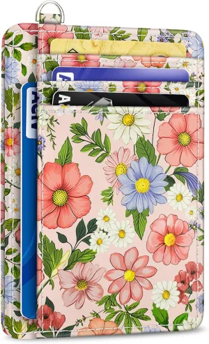 Credit Card Holder Slim Wallet, Floral RFID Wallet Women Front Pocket Small Card Holder, Travel Cute Thin with ID Window PU Leather RFID Blocking Case Organizer Gift Girls Ladies