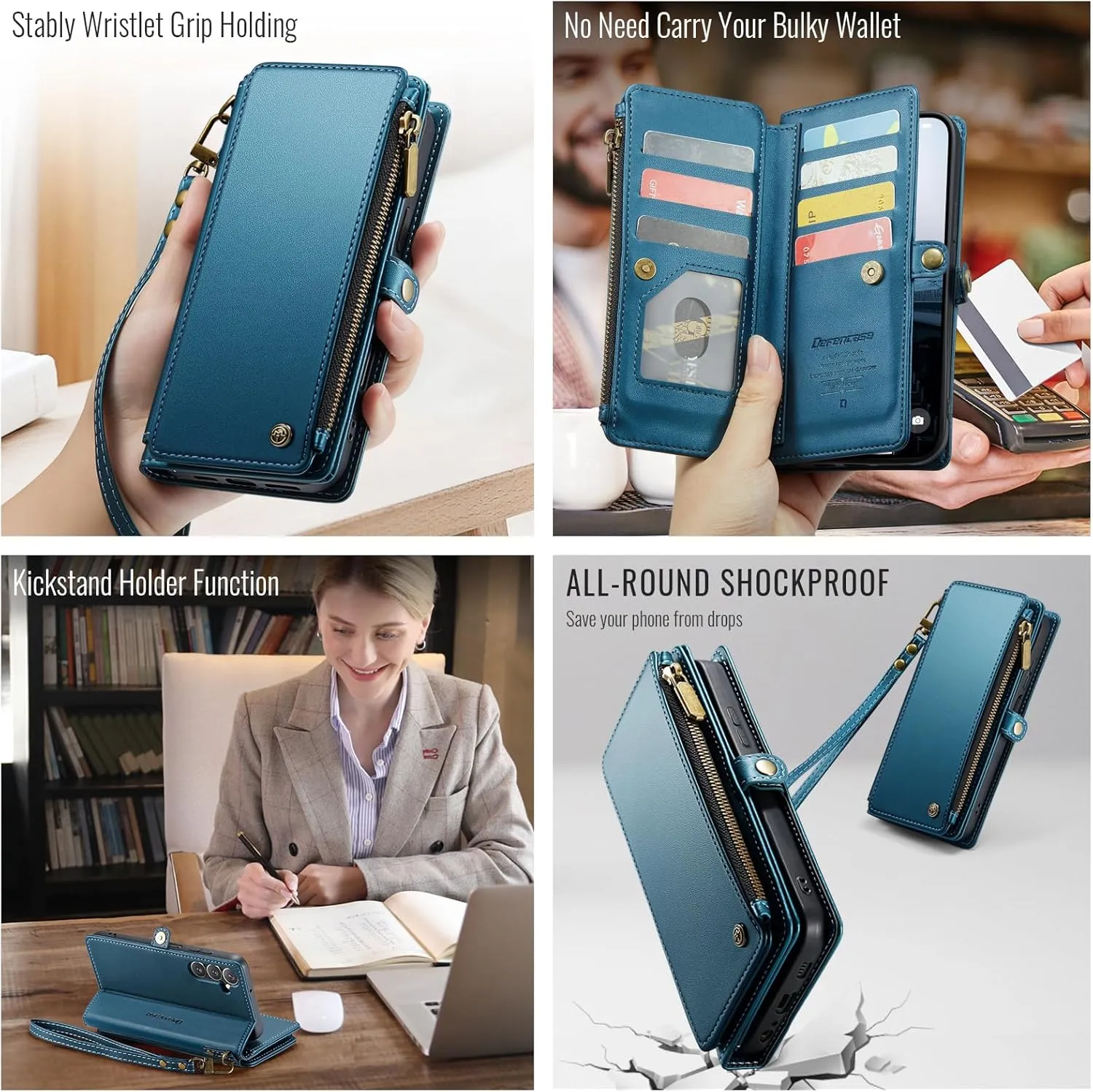 Defencase Compatible with Galaxy A15 5G Case Wallet with RFID Blocking Card Holder for Women Men, PU Leather Magnetic Snap Flip Zipper Strap Wallet Phone Case Fit for Samsung Galaxy A15 5G, Dark Blue