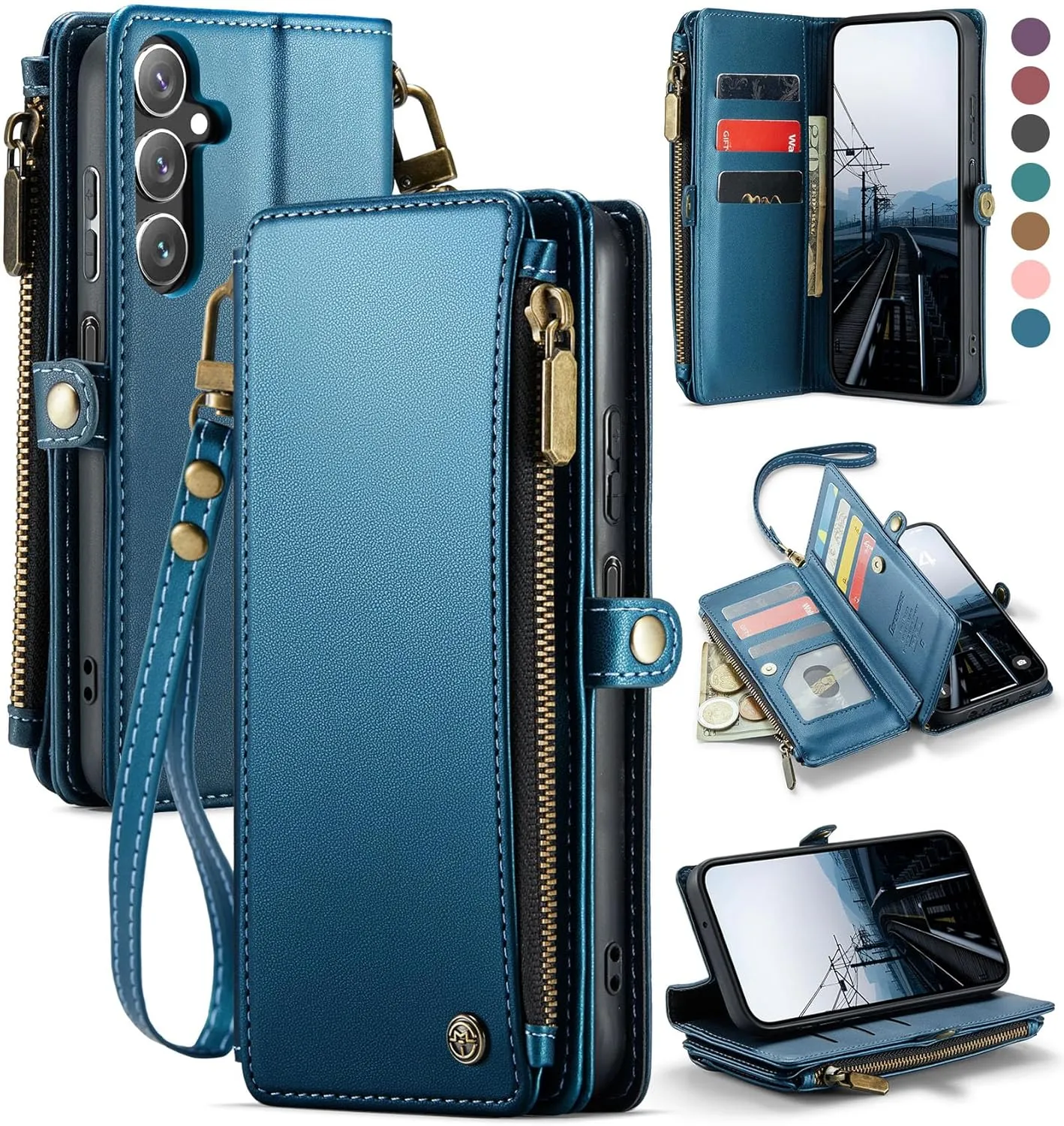 Defencase Compatible with Galaxy A15 5G Case Wallet with RFID Blocking Card Holder for Women Men, PU Leather Magnetic Snap Flip Zipper Strap Wallet Phone Case Fit for Samsung Galaxy A15 5G, Dark Blue