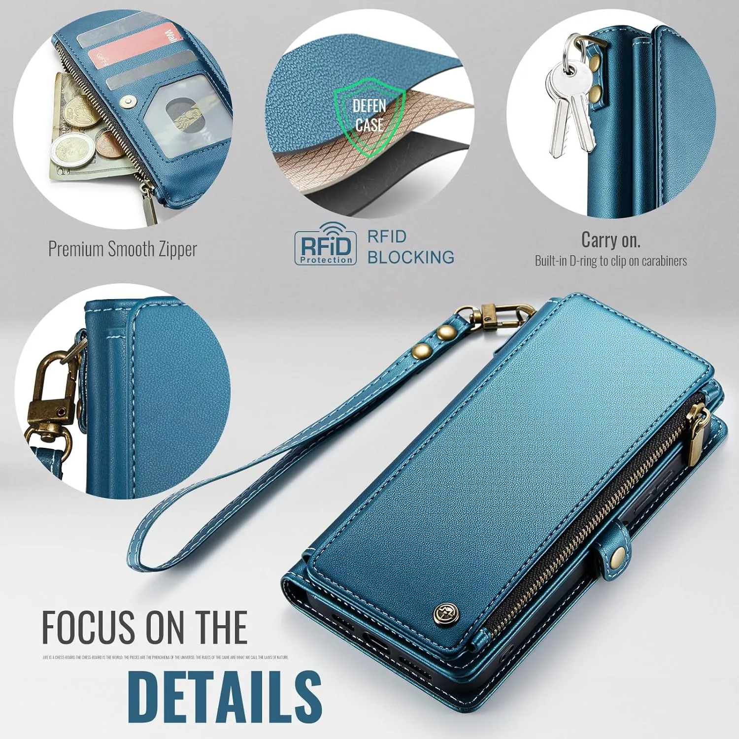 Defencase Compatible with Galaxy A15 5G Case Wallet with RFID Blocking Card Holder for Women Men, PU Leather Magnetic Snap Flip Zipper Strap Wallet Phone Case Fit for Samsung Galaxy A15 5G, Dark Blue