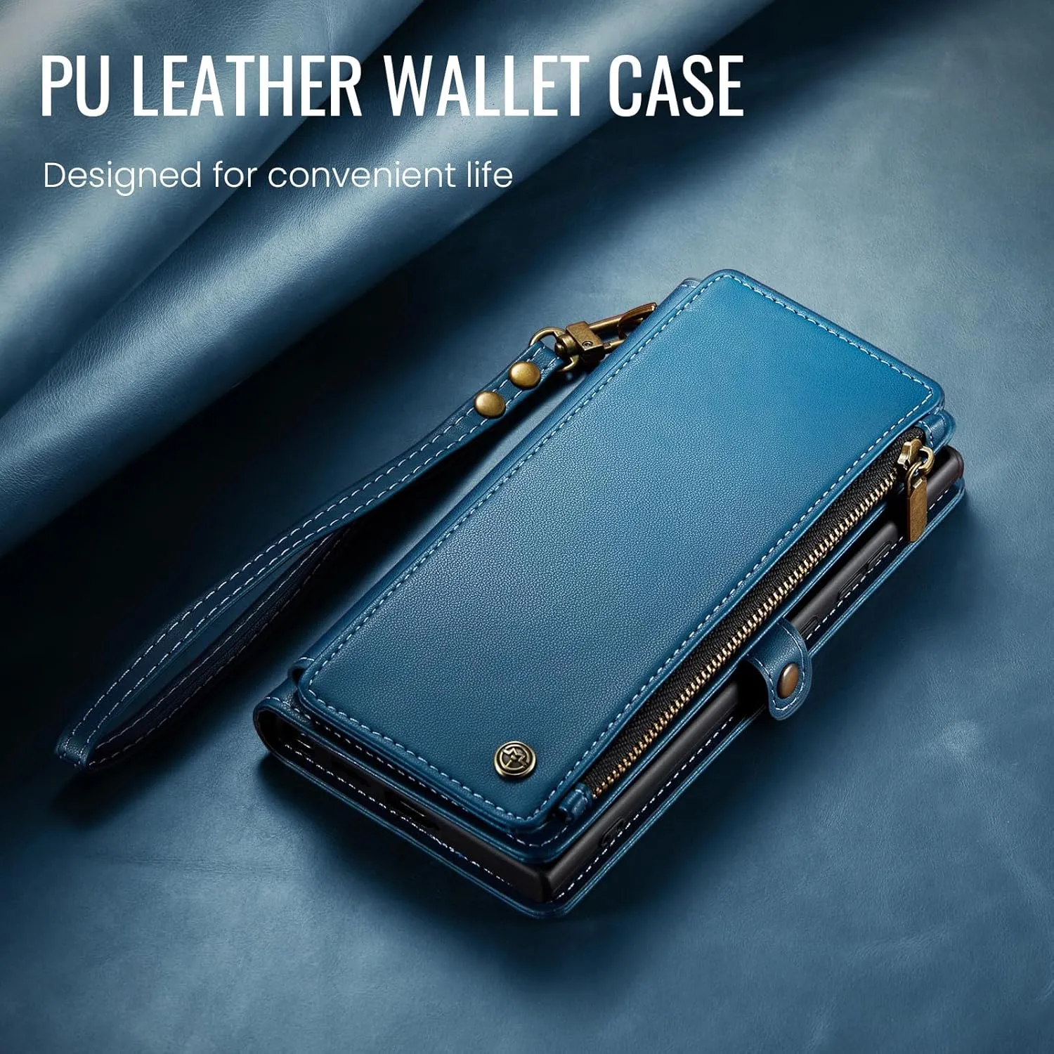 Defencase Compatible with Galaxy A15 5G Case Wallet with RFID Blocking Card Holder for Women Men, PU Leather Magnetic Snap Flip Zipper Strap Wallet Phone Case Fit for Samsung Galaxy A15 5G, Dark Blue