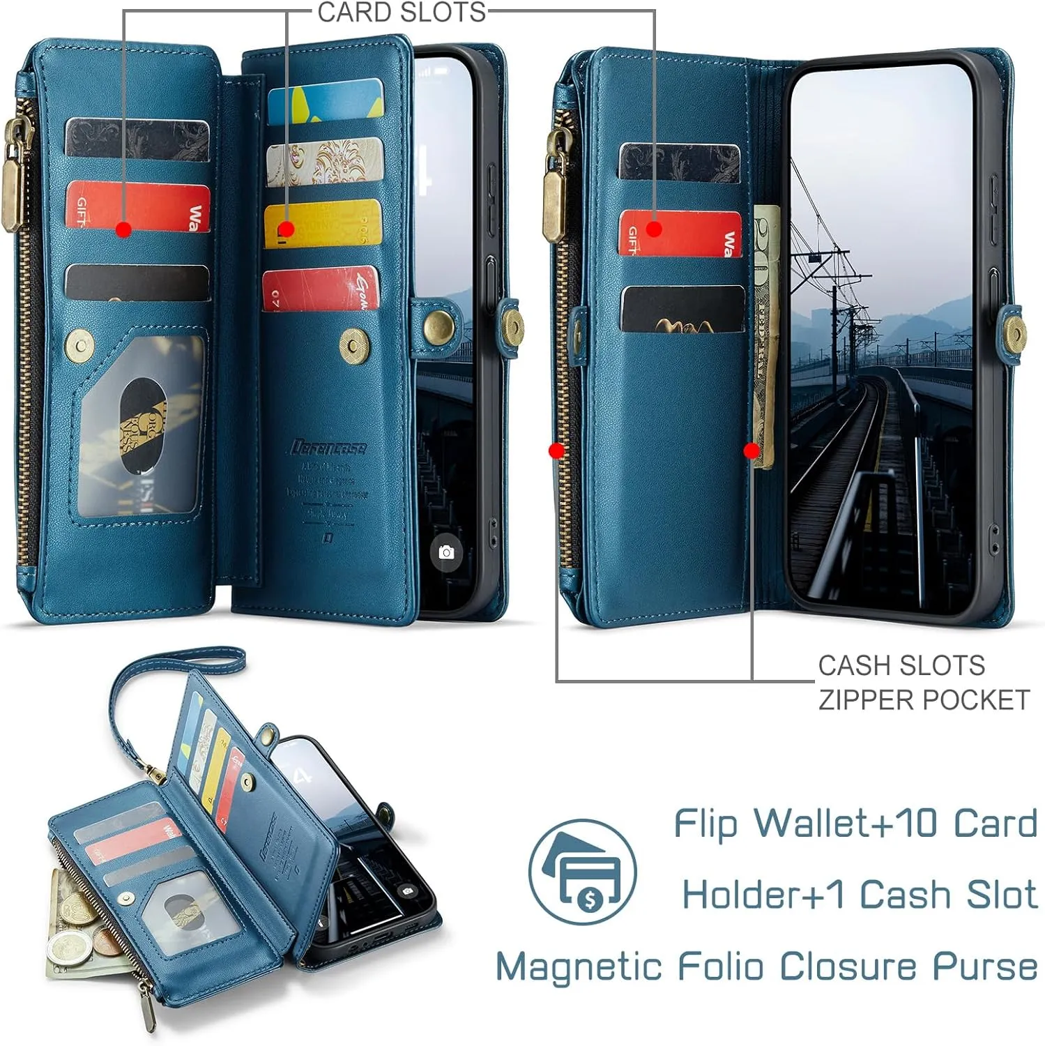 Defencase Compatible with Galaxy A15 5G Case Wallet with RFID Blocking Card Holder for Women Men, PU Leather Magnetic Snap Flip Zipper Strap Wallet Phone Case Fit for Samsung Galaxy A15 5G, Dark Blue