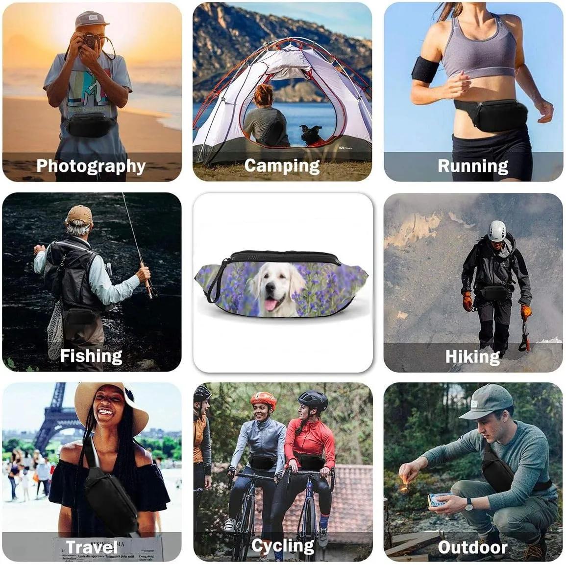 Dujiea Fanny Pack, Golden Retriever Dog Waist Bag with Headphone Hole Belt Bag Adjustable Sling Pocket Fashion Hip Bum Bag for Women Men Kids Outdoors Casual Travelling Hiking Cycling