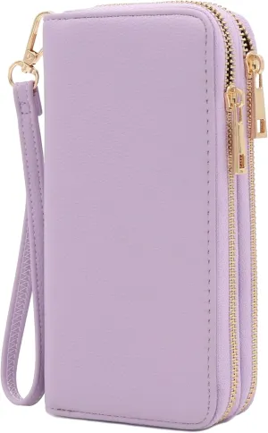 FashionPuzzle Double Zip Around PU Leather Wristlet Cell Phone Wallet