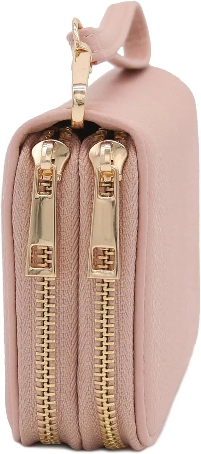 FashionPuzzle Double Zip Around PU Leather Wristlet Cell Phone Wallet