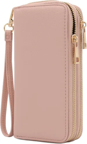FashionPuzzle Double Zip Around PU Leather Wristlet Cell Phone Wallet
