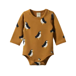 Nature Baby Stretch Jersey Long Sleeve Bodysuit - Puffin Toffee Print