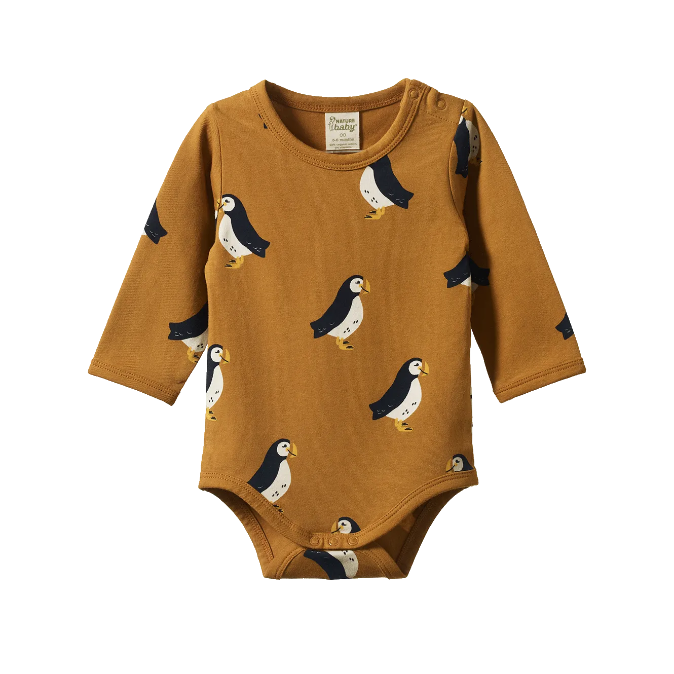 Nature Baby Stretch Jersey Long Sleeve Bodysuit - Puffin Toffee Print