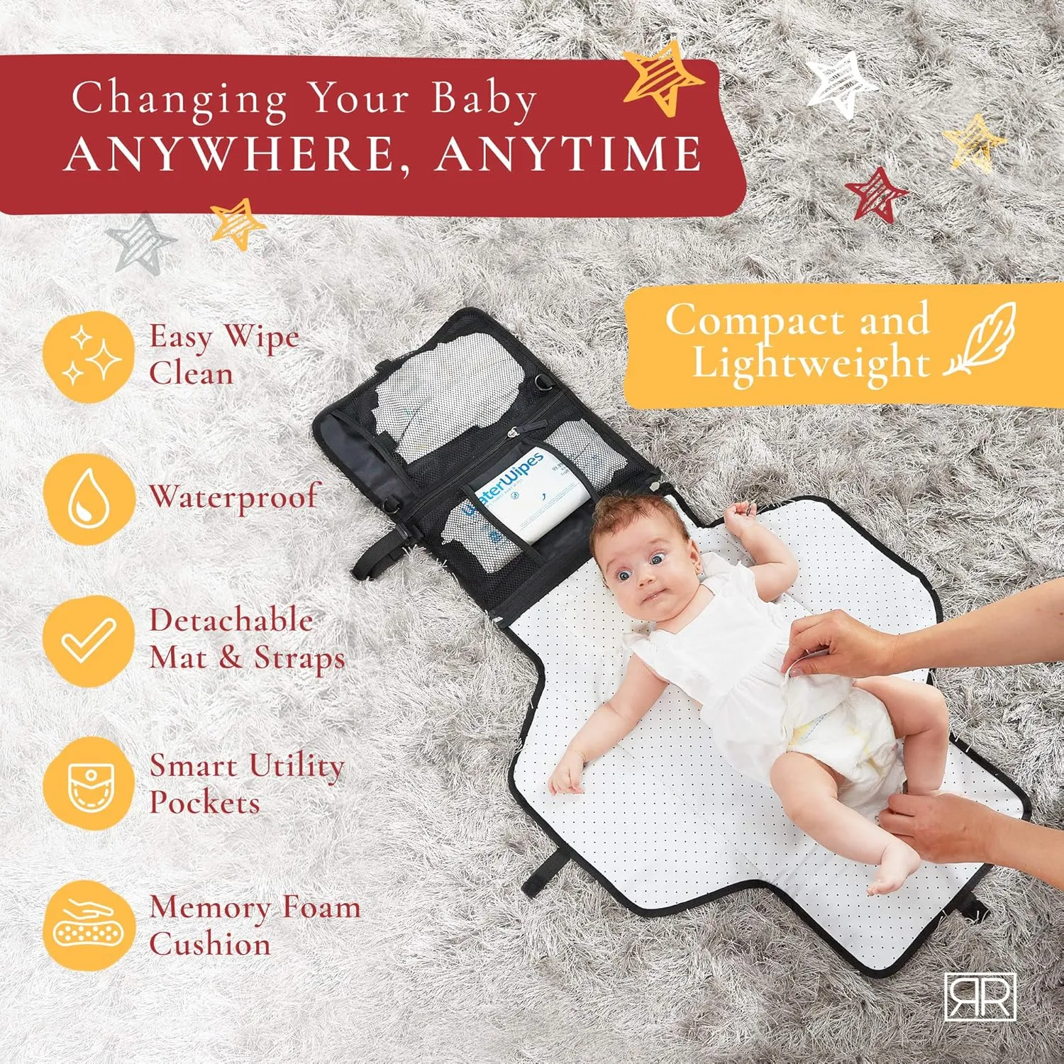 Portable Diaper Changing Pad Waterproof  B0NUS Insulated Baby Bottle Bag, 2-in-1 Diaper Clutch and Changing Mat, Wipe Clean Portable Changing Pad with Built-in Head Cushion (Black)