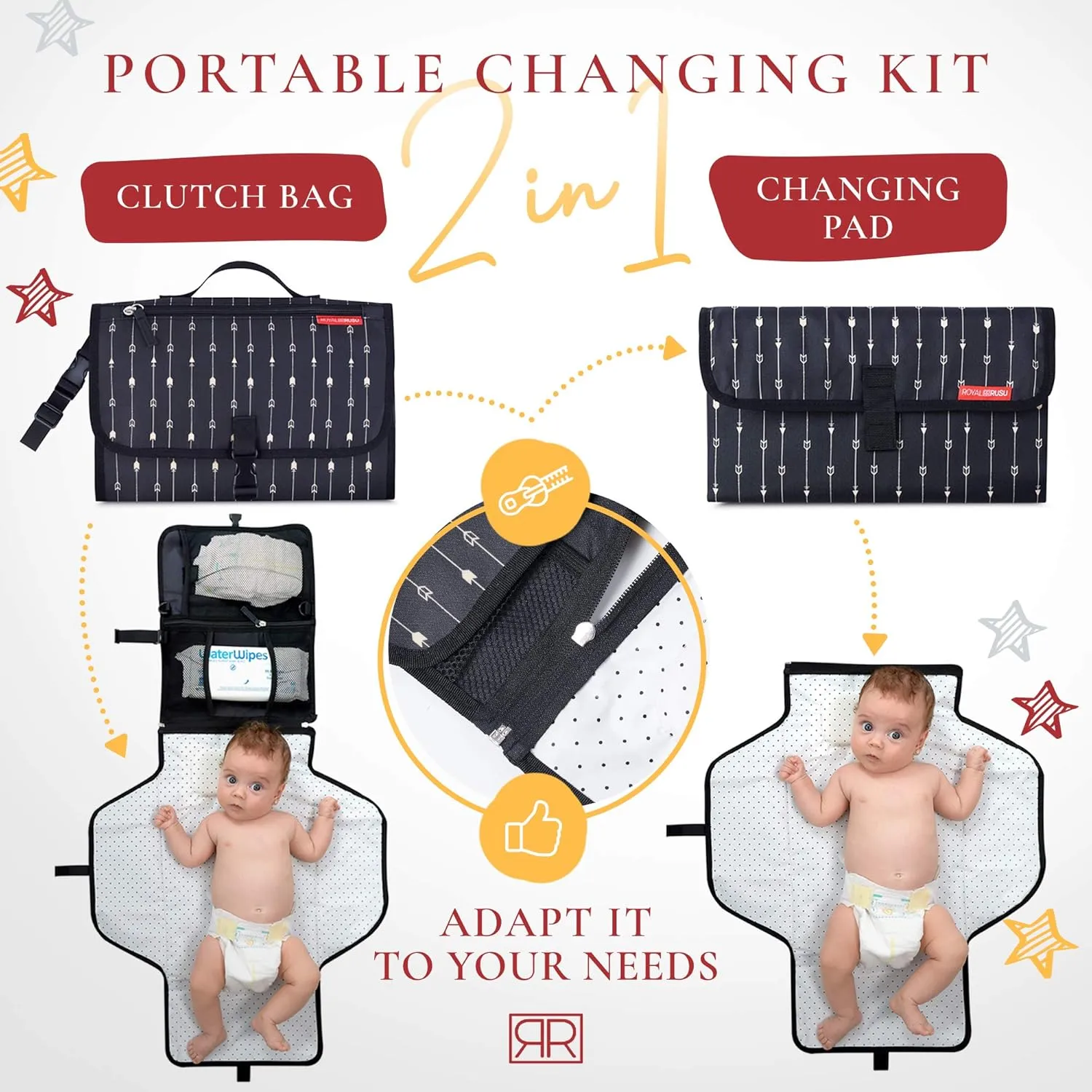 Portable Diaper Changing Pad Waterproof  B0NUS Insulated Baby Bottle Bag, 2-in-1 Diaper Clutch and Changing Mat, Wipe Clean Portable Changing Pad with Built-in Head Cushion (Black)