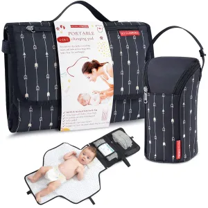 Portable Diaper Changing Pad Waterproof  B0NUS Insulated Baby Bottle Bag, 2-in-1 Diaper Clutch and Changing Mat, Wipe Clean Portable Changing Pad with Built-in Head Cushion (Black)