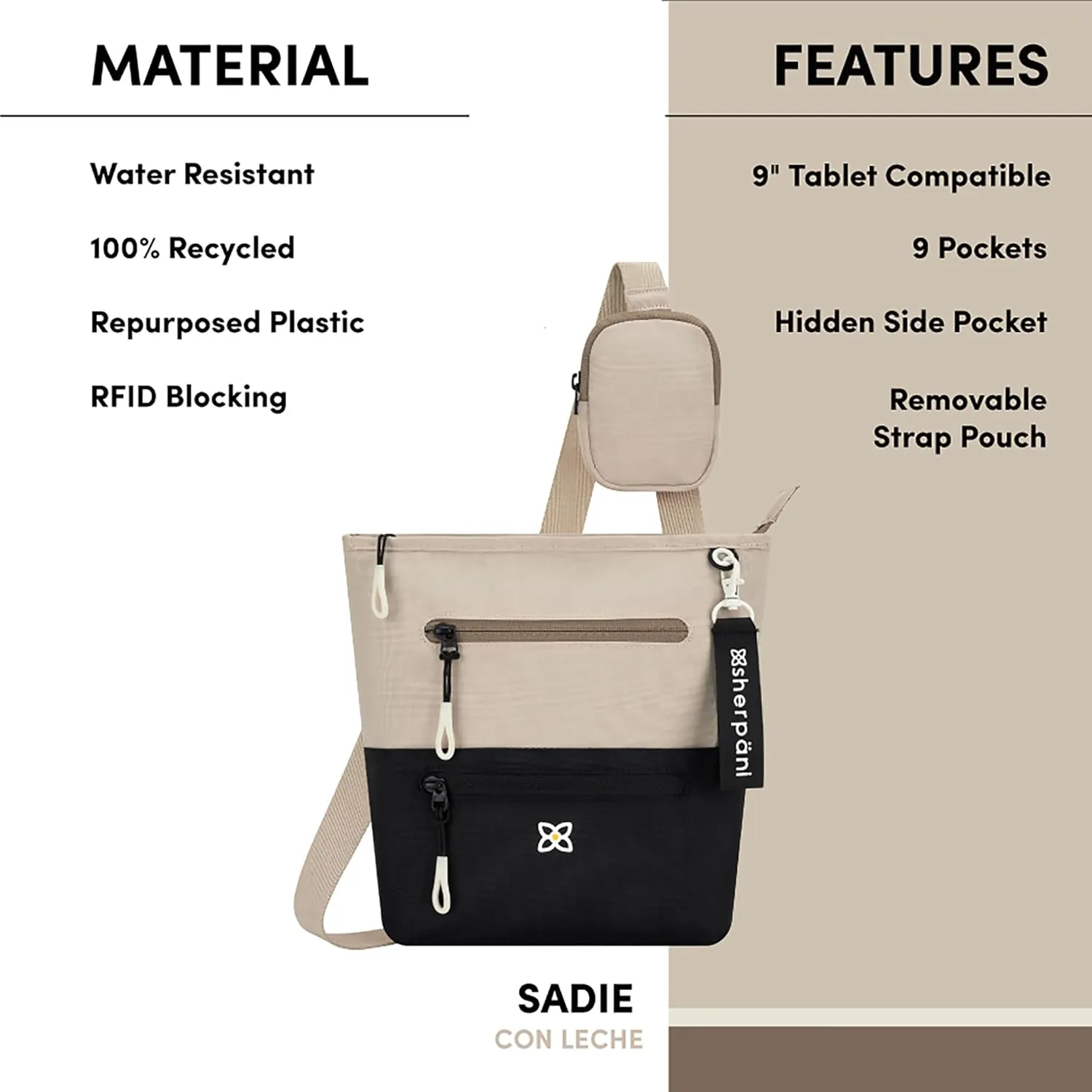 Sherpani Sadie, Nylon Crossbody Bag, Lightweight Shoulder Bag, Travel Cross Body Purse, Crossbody Bags for Women, RFID Protection, Removable Coin Purse, Travel Gift for Mothers Day 2025 (Con Leche)