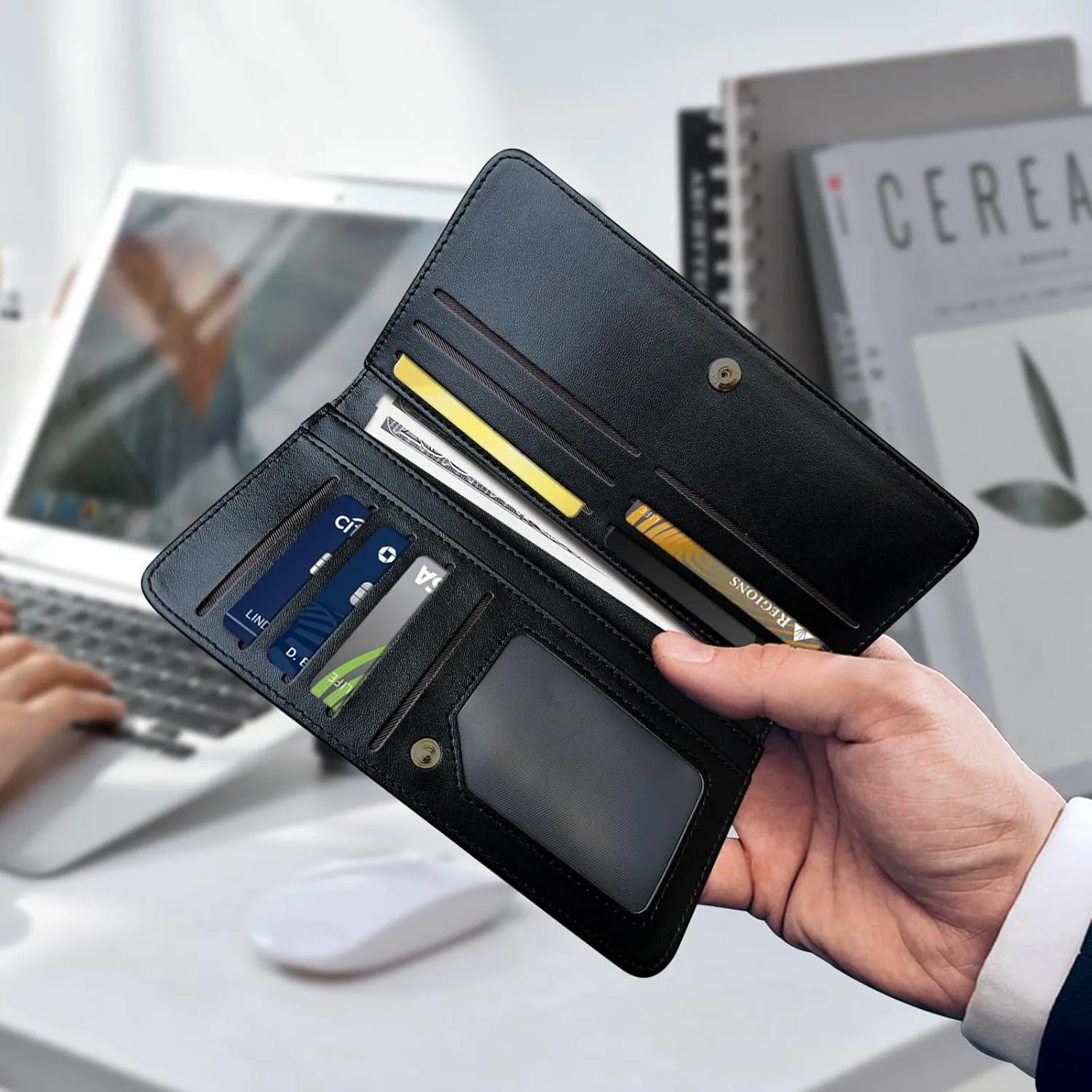Slim Wallet for Men Women, PU Leather Long Bifold RFID Blocking Credit Card Clutch, with 11 Card Slots ID Window & Gift Box, Credit Card Holder for Men Ladies Travel Wallet, Moon Smile Face