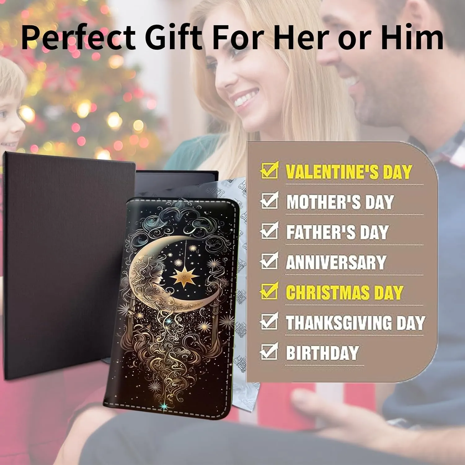 Slim Wallet for Men Women, PU Leather Long Bifold RFID Blocking Credit Card Clutch, with 11 Card Slots ID Window & Gift Box, Credit Card Holder for Men Ladies Travel Wallet, Moon Smile Face