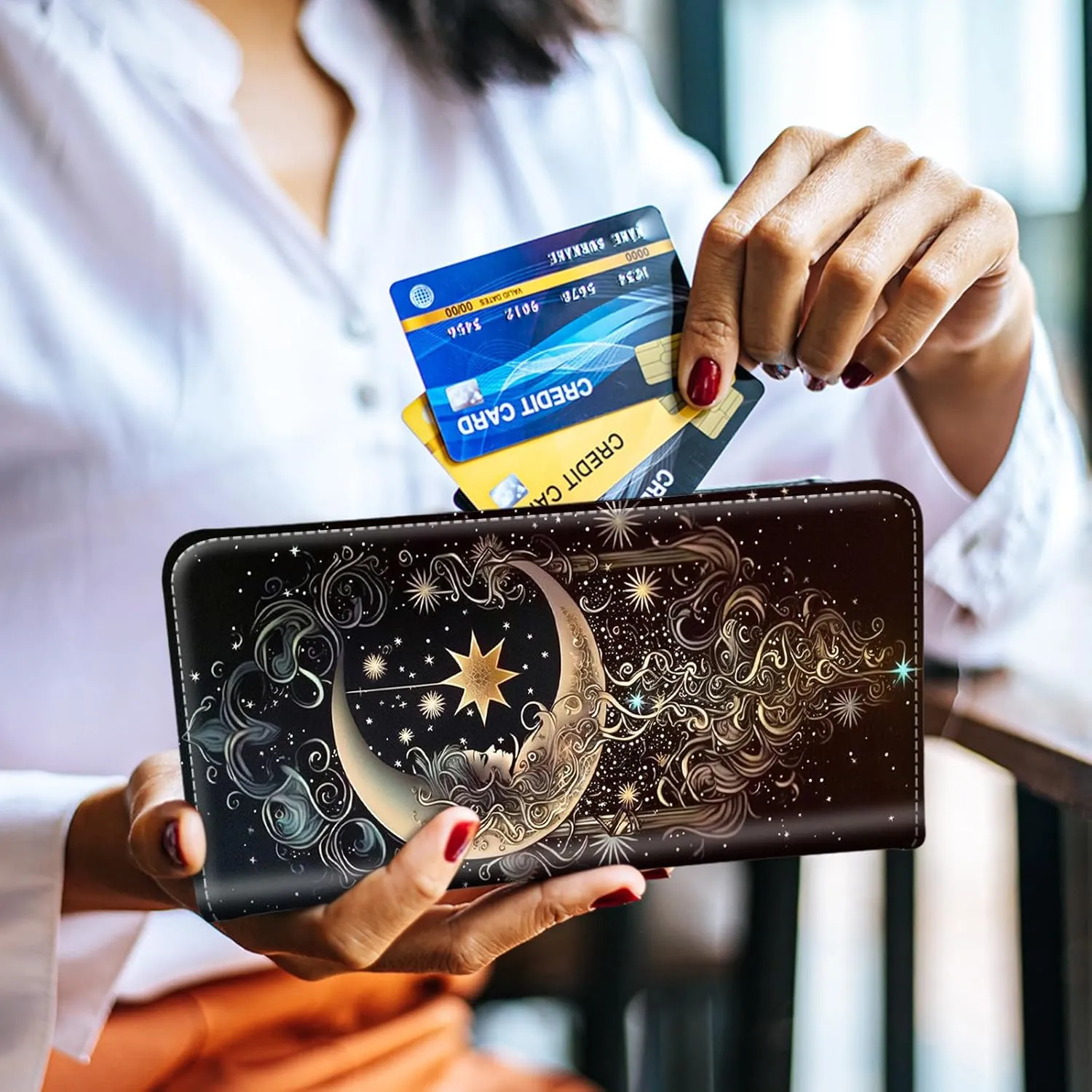 Slim Wallet for Men Women, PU Leather Long Bifold RFID Blocking Credit Card Clutch, with 11 Card Slots ID Window & Gift Box, Credit Card Holder for Men Ladies Travel Wallet, Moon Smile Face