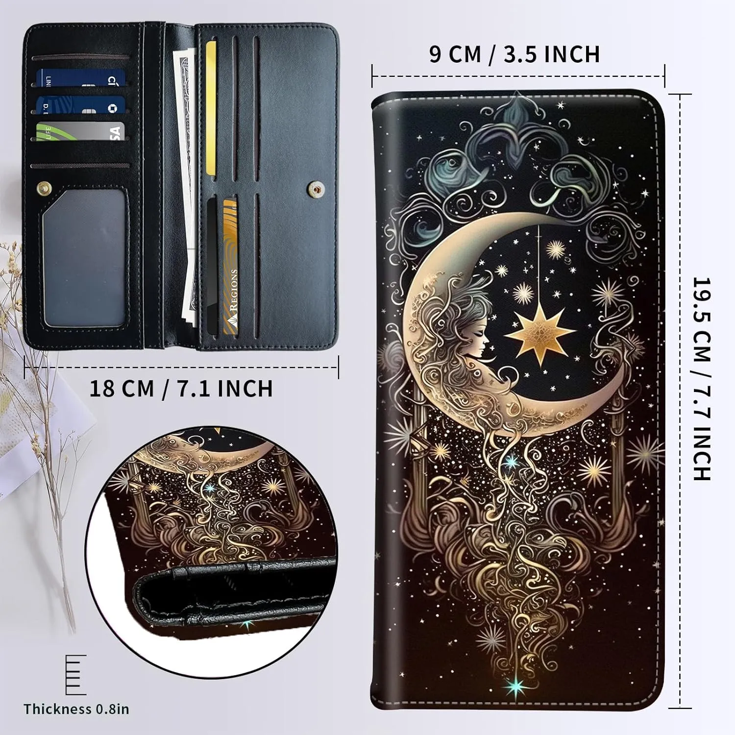 Slim Wallet for Men Women, PU Leather Long Bifold RFID Blocking Credit Card Clutch, with 11 Card Slots ID Window & Gift Box, Credit Card Holder for Men Ladies Travel Wallet, Moon Smile Face
