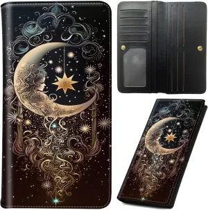 Slim Wallet for Men Women, PU Leather Long Bifold RFID Blocking Credit Card Clutch, with 11 Card Slots ID Window & Gift Box, Credit Card Holder for Men Ladies Travel Wallet, Moon Smile Face