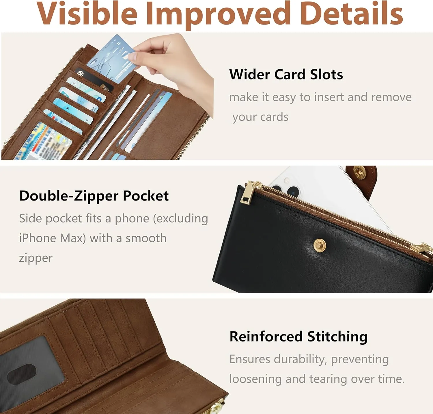 Womens Leather Wallet RFID Blocking Slim Bifold Credit Card Holder Travel Wallet with Double Zipper Pocket(BlackBrown)