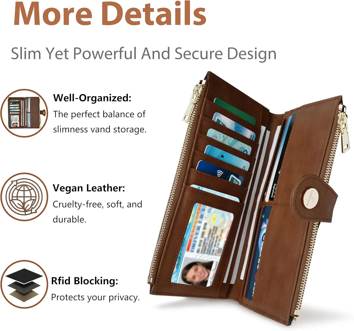 Womens Leather Wallet RFID Blocking Slim Bifold Credit Card Holder Travel Wallet with Double Zipper Pocket(BlackBrown)