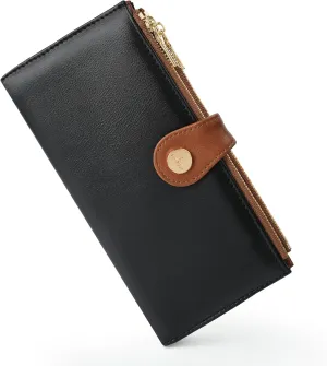 Womens Leather Wallet RFID Blocking Slim Bifold Credit Card Holder Travel Wallet with Double Zipper Pocket(BlackBrown)