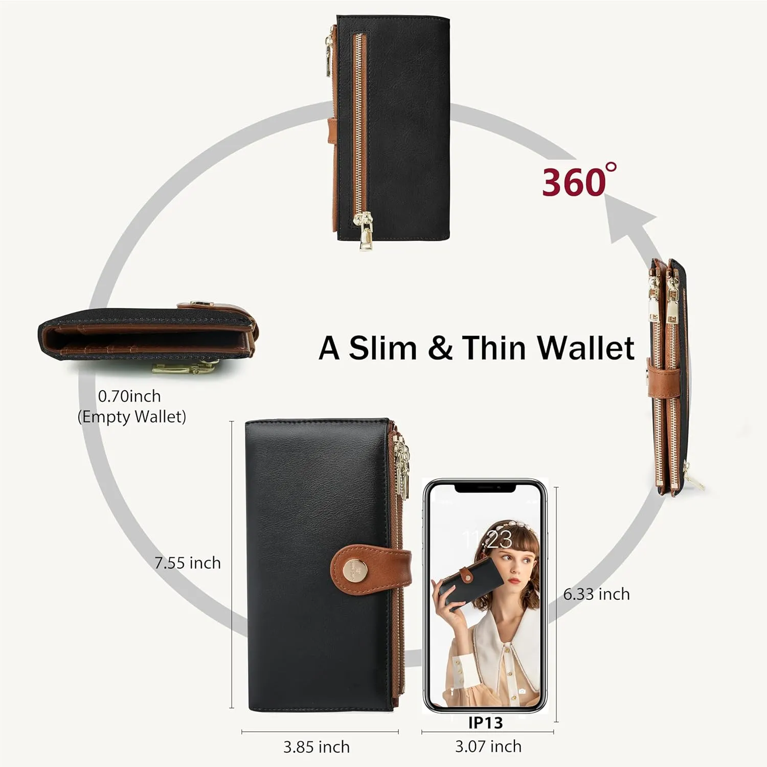 Womens Leather Wallet RFID Blocking Slim Bifold Credit Card Holder Travel Wallet with Double Zipper Pocket(BlackBrown)