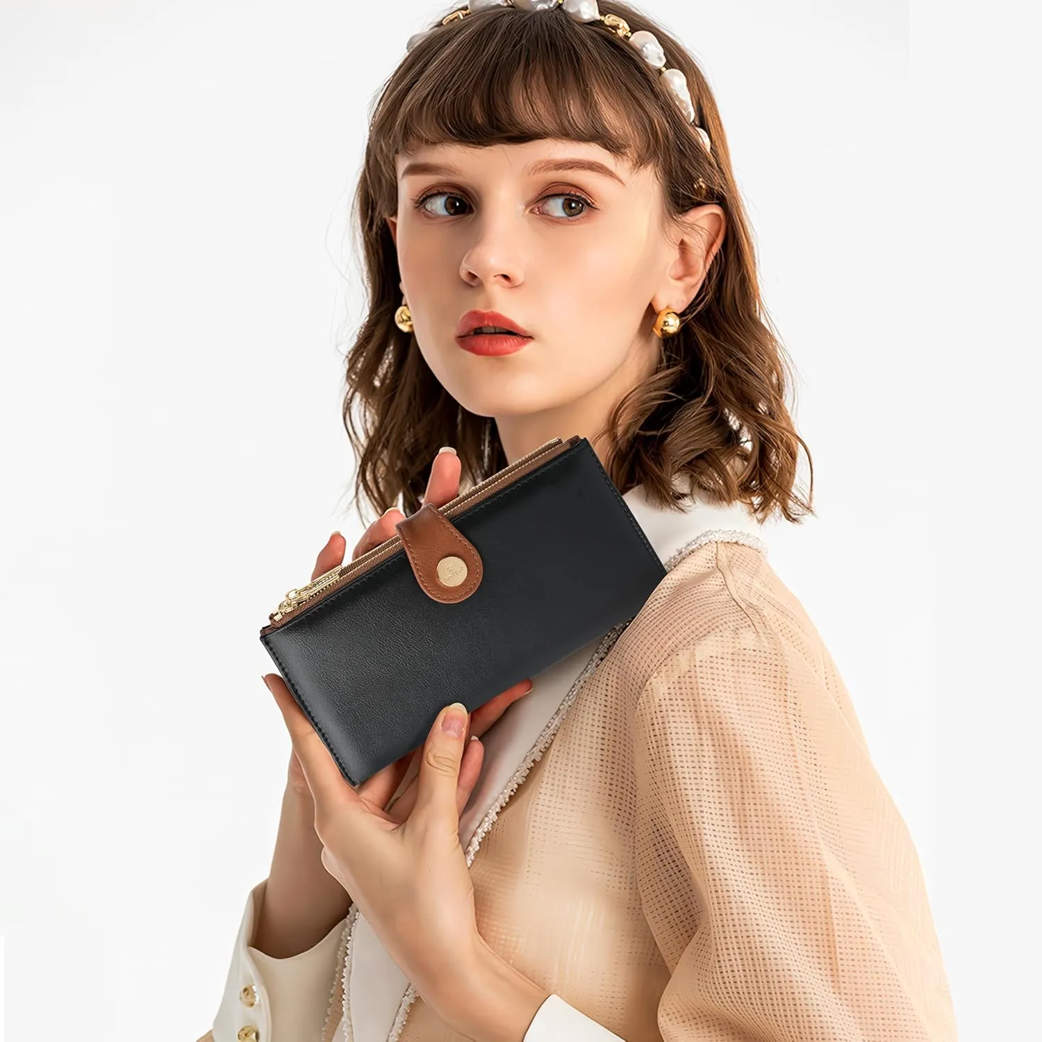 Womens Leather Wallet RFID Blocking Slim Bifold Credit Card Holder Travel Wallet with Double Zipper Pocket(BlackBrown)