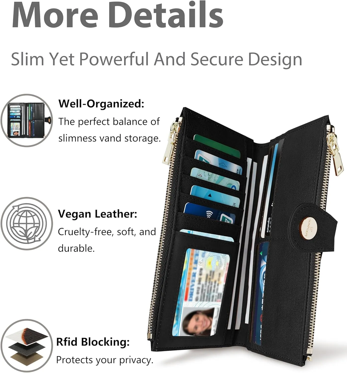 Womens Leather Wallet RFID Blocking Slim Bifold Credit Card Holder Travel Wallet with Double Zipper Pocket(Cow)