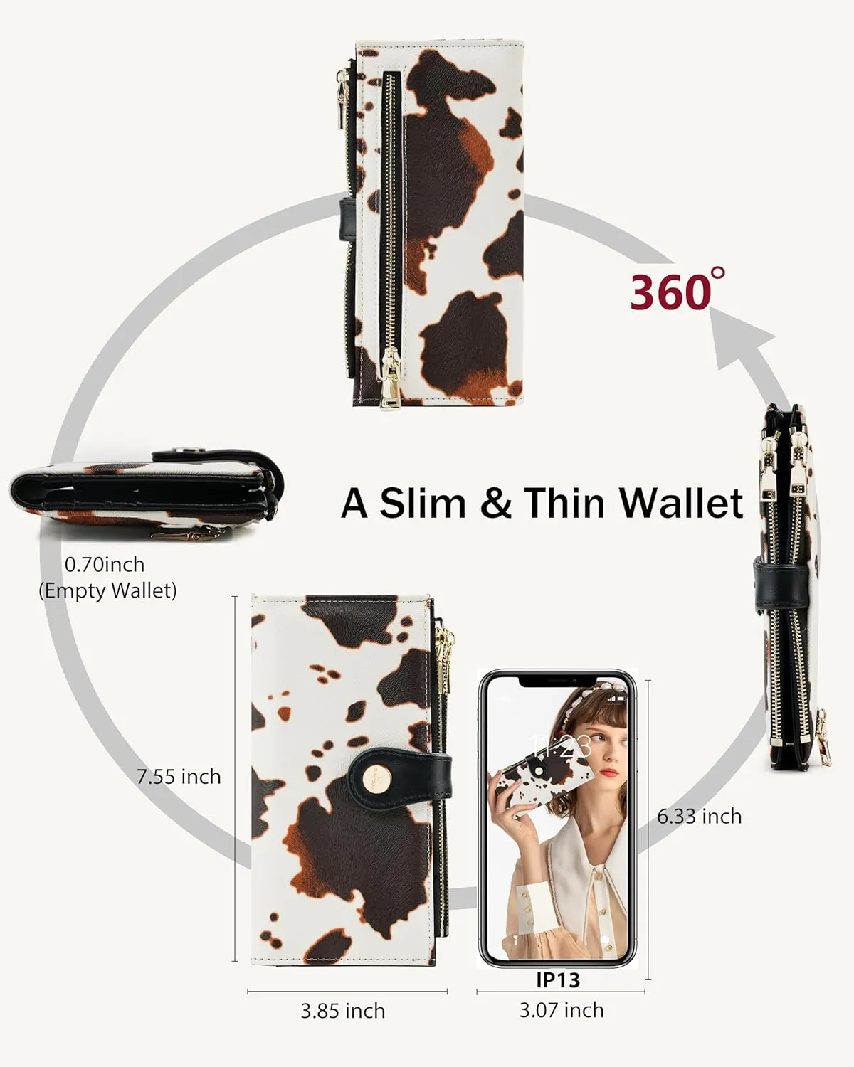 Womens Leather Wallet RFID Blocking Slim Bifold Credit Card Holder Travel Wallet with Double Zipper Pocket(Cow)