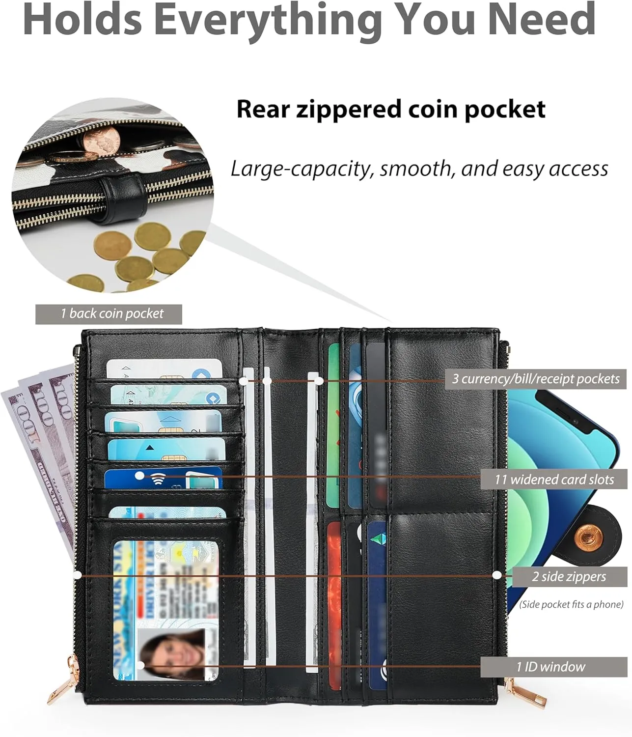 Womens Leather Wallet RFID Blocking Slim Bifold Credit Card Holder Travel Wallet with Double Zipper Pocket(Cow)