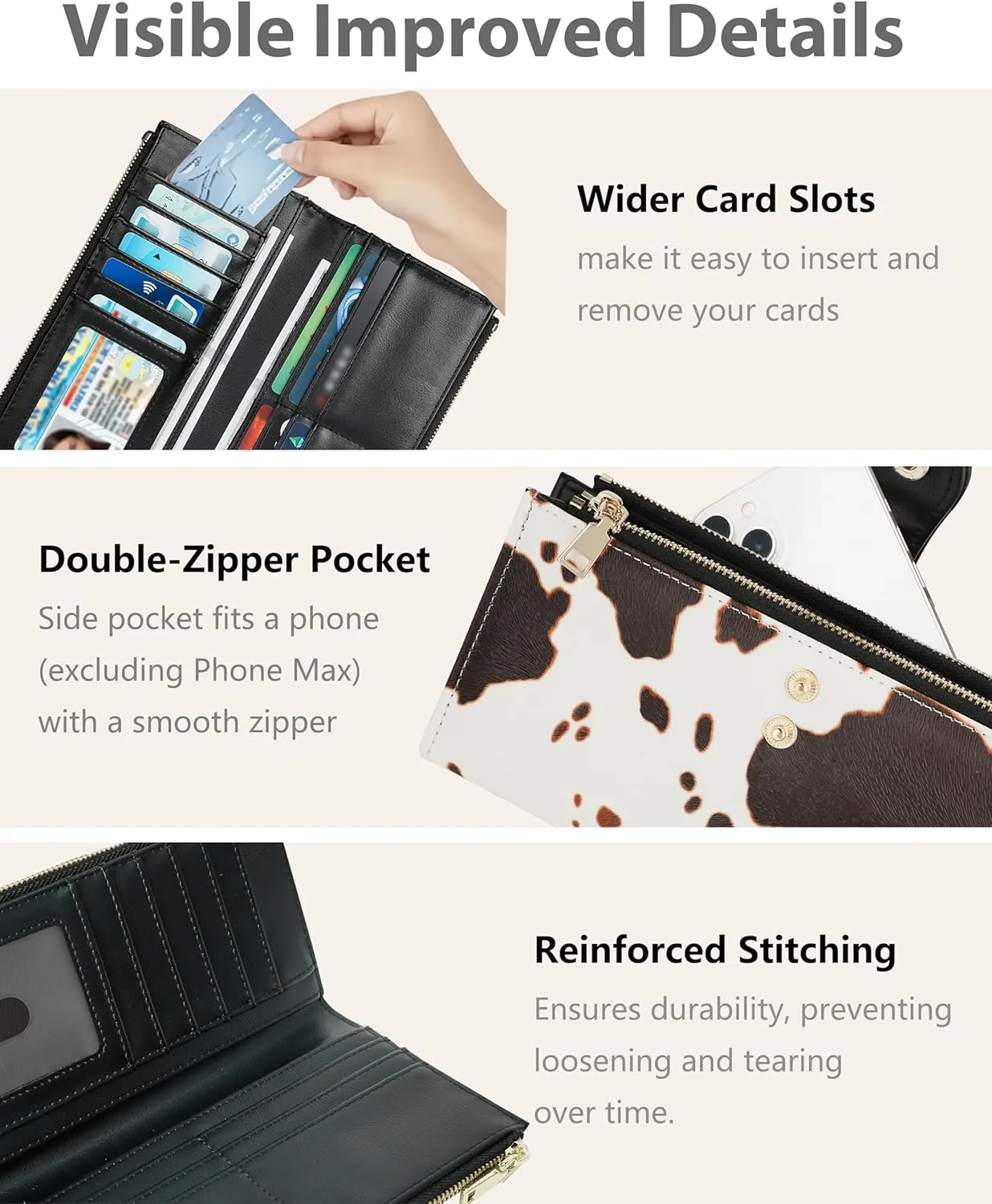 Womens Leather Wallet RFID Blocking Slim Bifold Credit Card Holder Travel Wallet with Double Zipper Pocket(Cow)